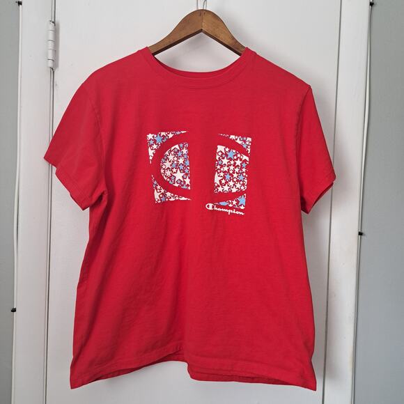 Champion Tops - Champion Classic Short Sleeve Logo T-Shirt Red White Blue Stars Women's XL